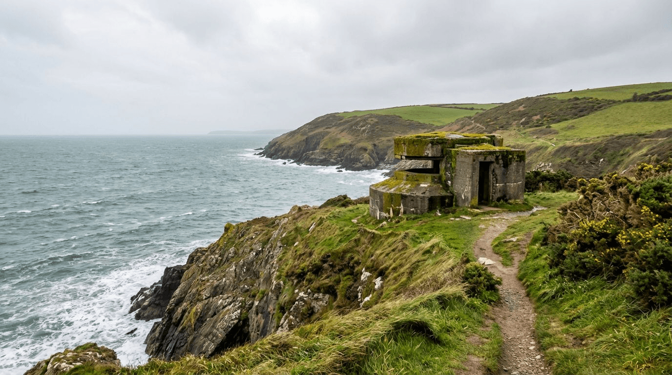 Old WWII-era concrete observation post on the Wexford coast, weathered and partially overgrown
