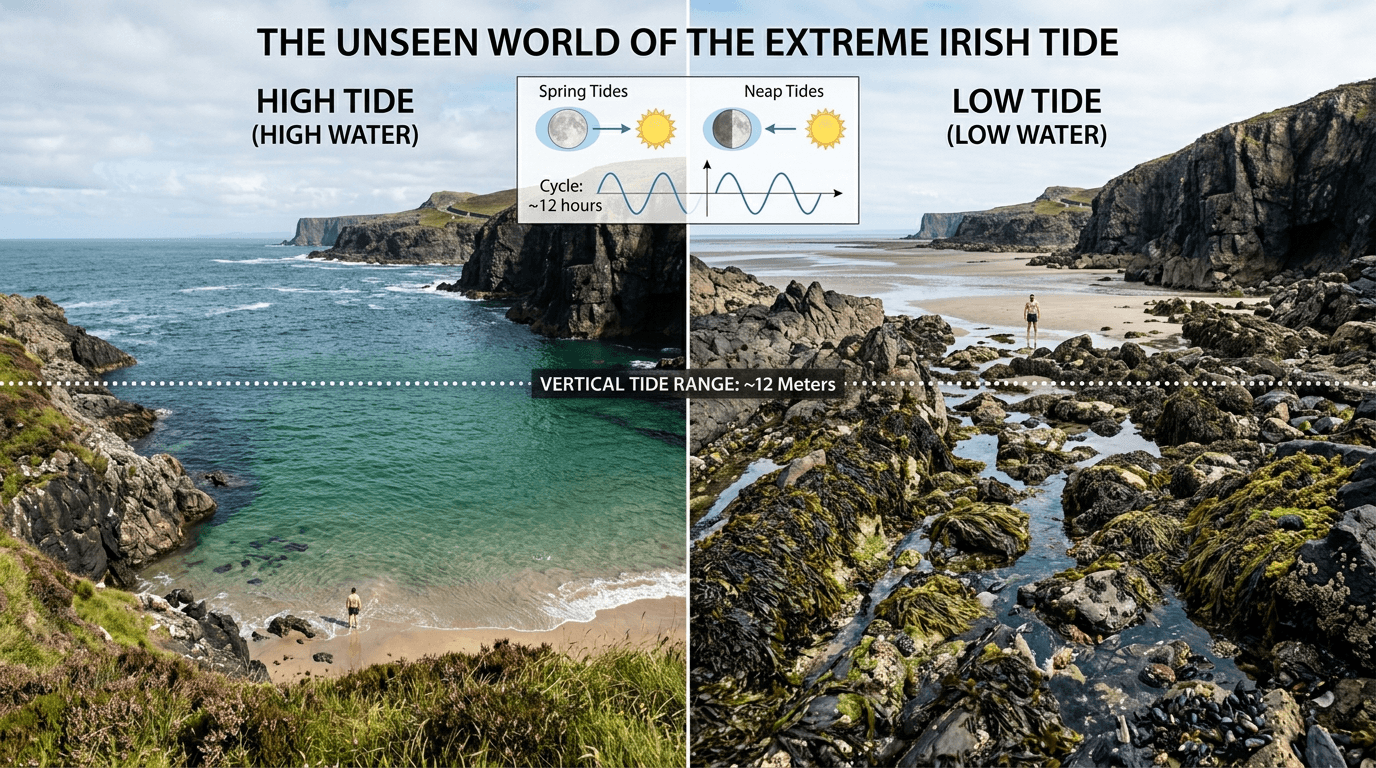 The extreme difference between high and low tide on the Irish coast.