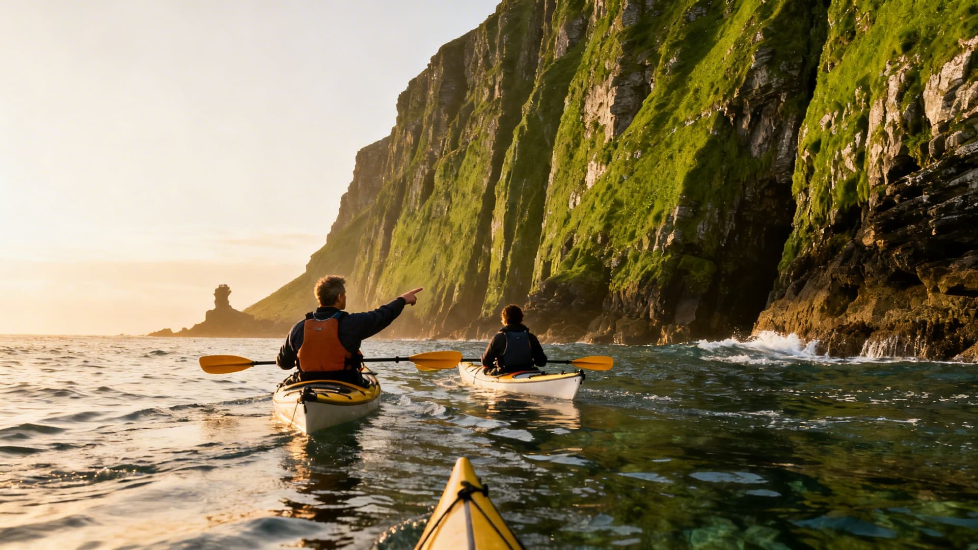 A guide leading two sea kayakers in single file through a narrow tidal channel between sea cliffs on the Irish west coast, still water and morning light