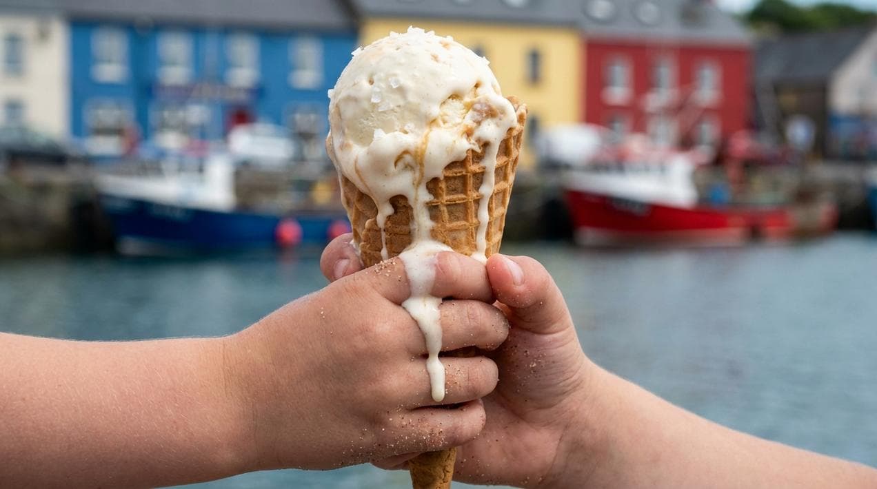 Child enjoying artisan sea salt ice cream on the coast of Ireland.