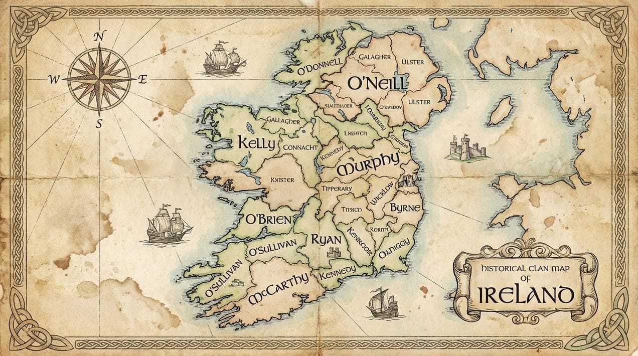 Map of Ireland showing the origins of Irish surnames.