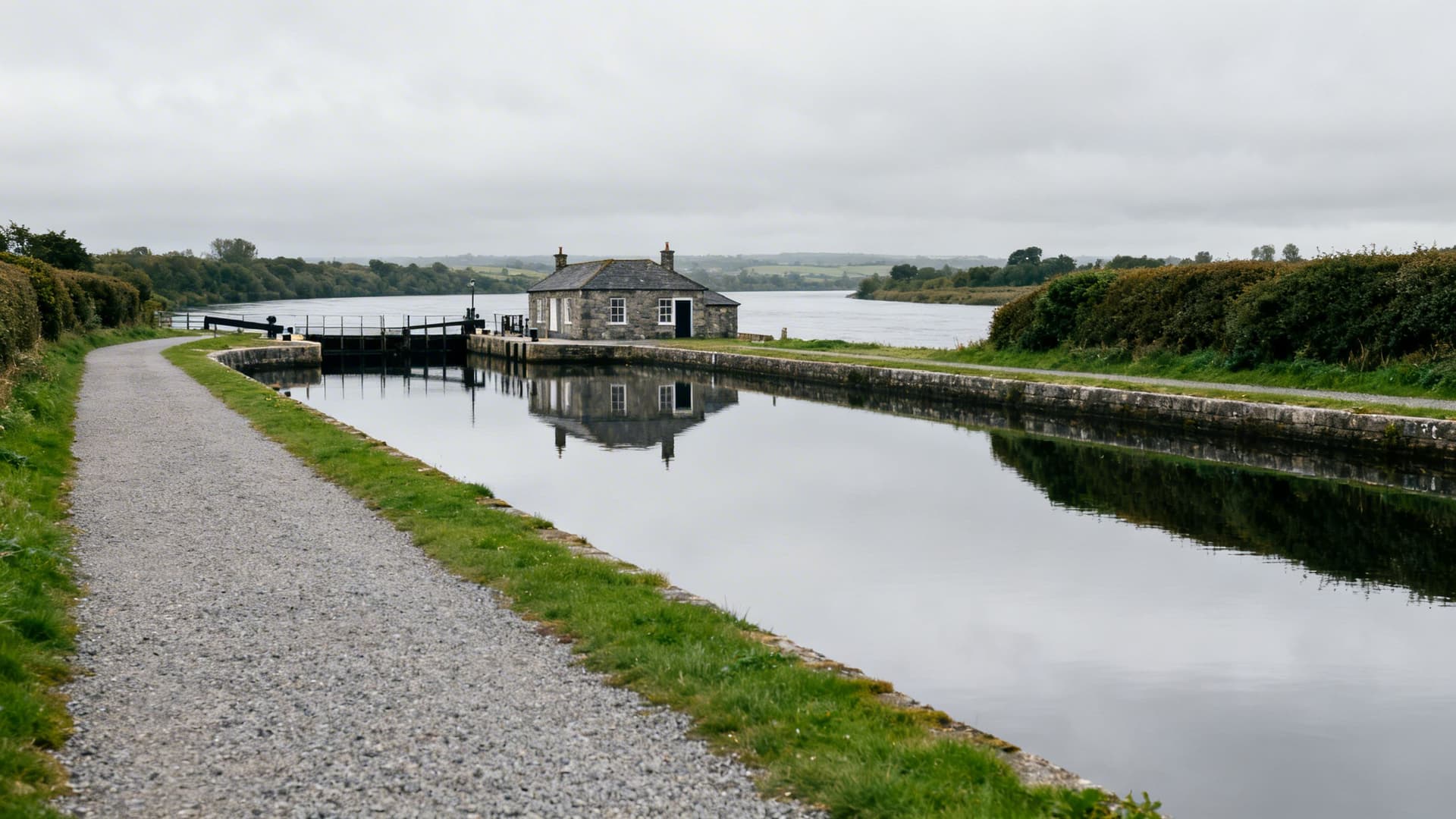 The Royal Canal towpath near Cloondara in County Longford where the canal meets the River Shannon