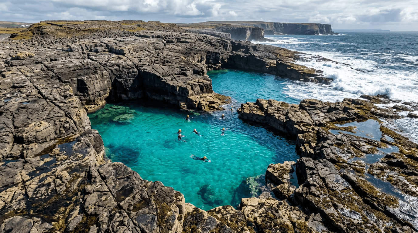 Swimmers enjoying the massive, deep waters of the Pollock Holes in County Clare.