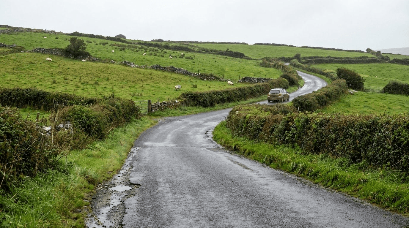 Narrow winding road through the Irish countryside showing the driving conditions between locations