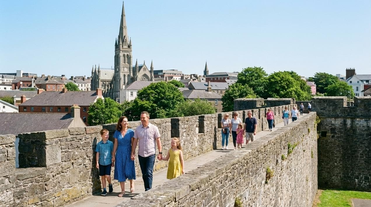 Walking the historic 17th-century walls of Derry with kids.
