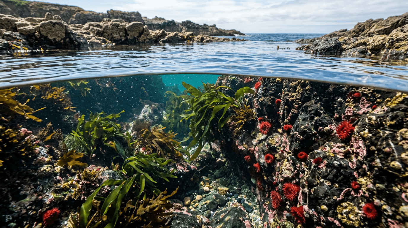 The clear water and marine life visible inside a natural Irish rock pool.
