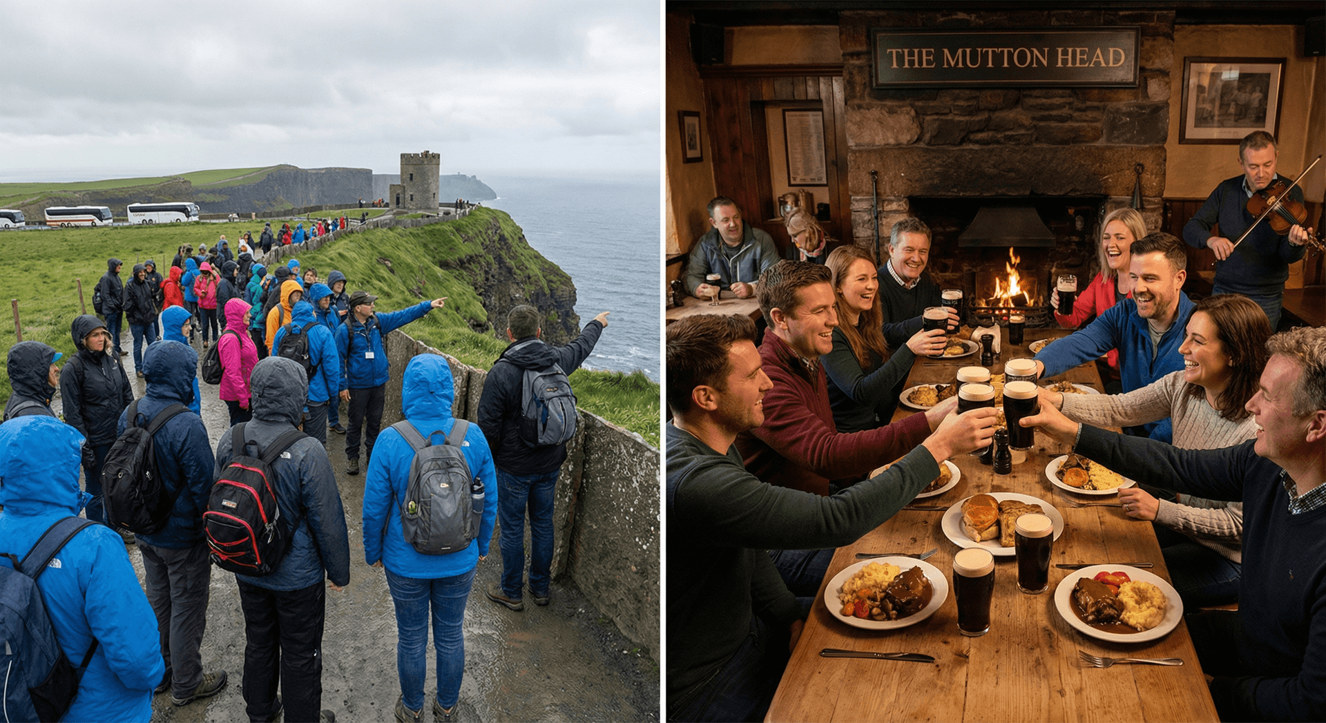 Day tour group at Cliffs of Moher and multi-day tour dinner at Irish pub