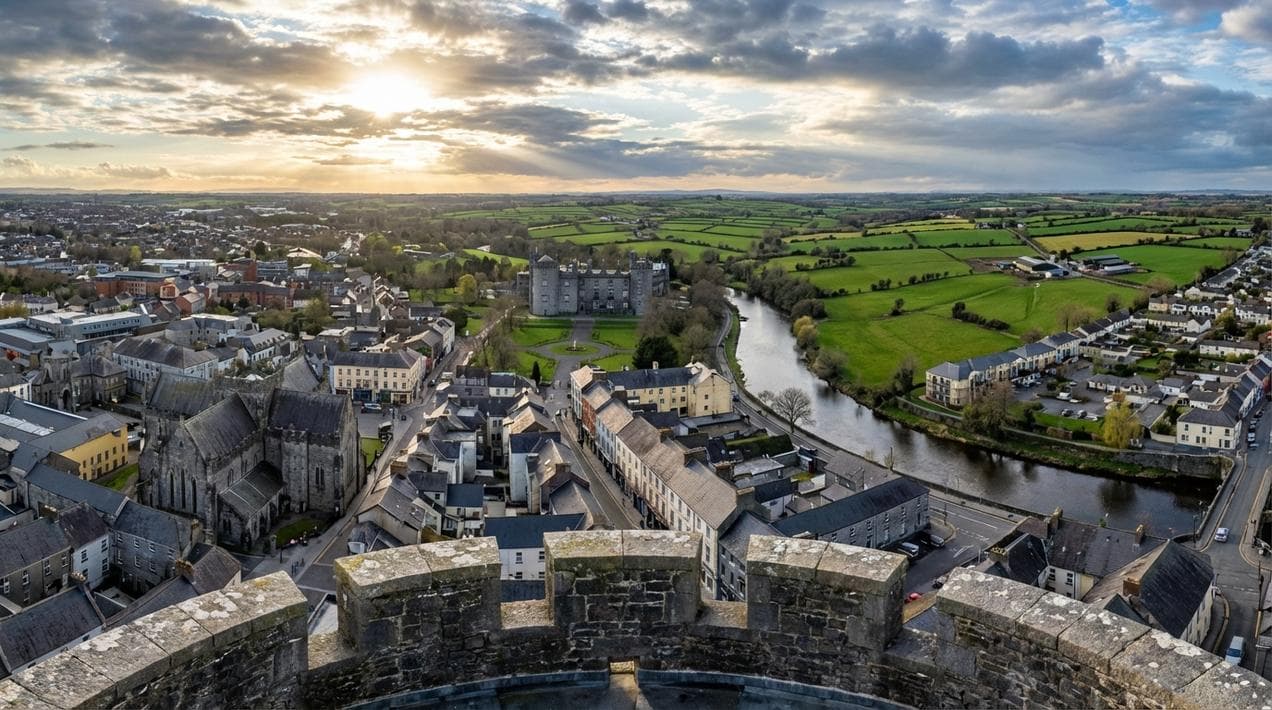 Panoramic view from the top of St Canice's Round Tower showing Kilkenny Castle, medieval city, and Irish countryside