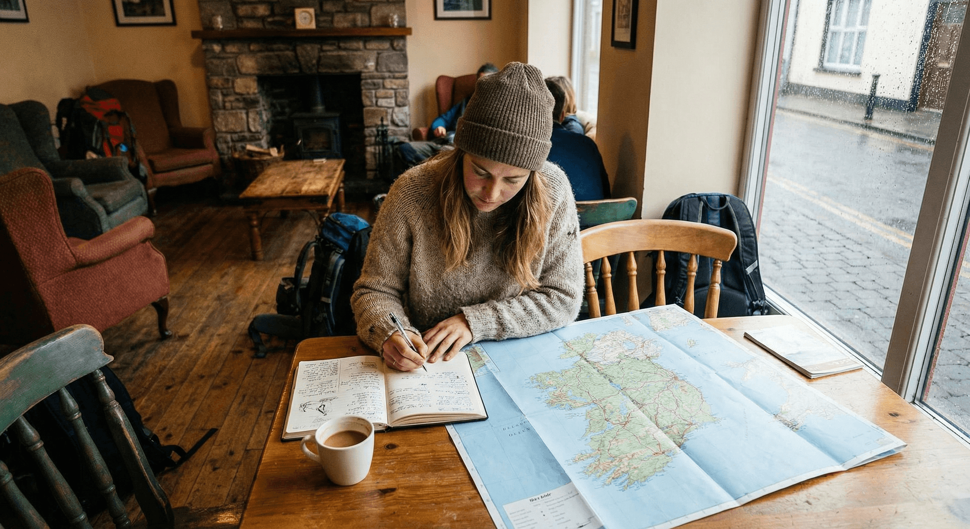 Solo traveler examining map at budget hostel common room in Ireland