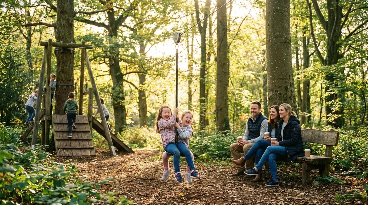 Kids playing on the zip line at the Belvedere House adventure playground.