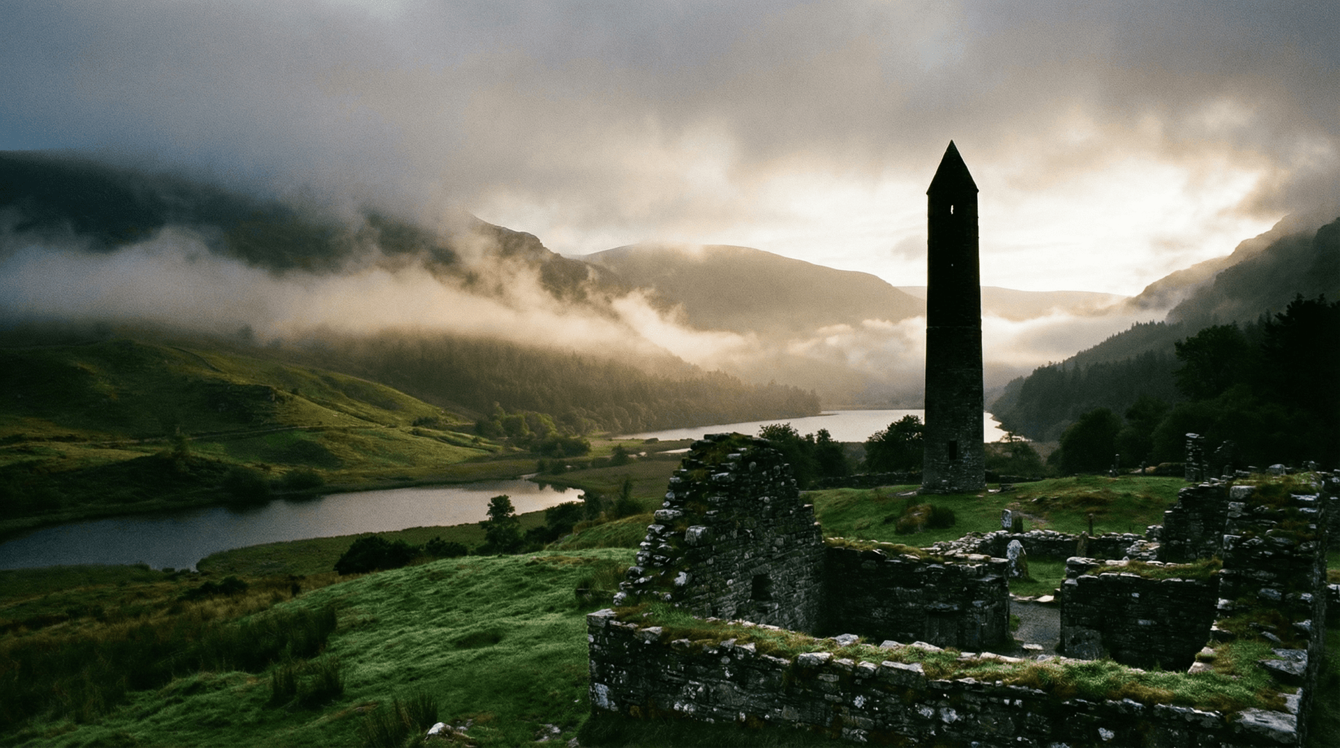 Misty morning view of Glendalough valley with round tower