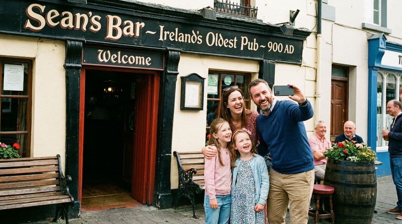 Family taking a photo outside Sean's Bar in Athlone, the oldest pub in Ireland.