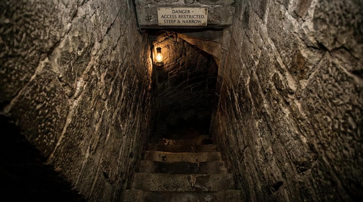 Warning: Narrow spiral stairs in inaccessible Irish castles.