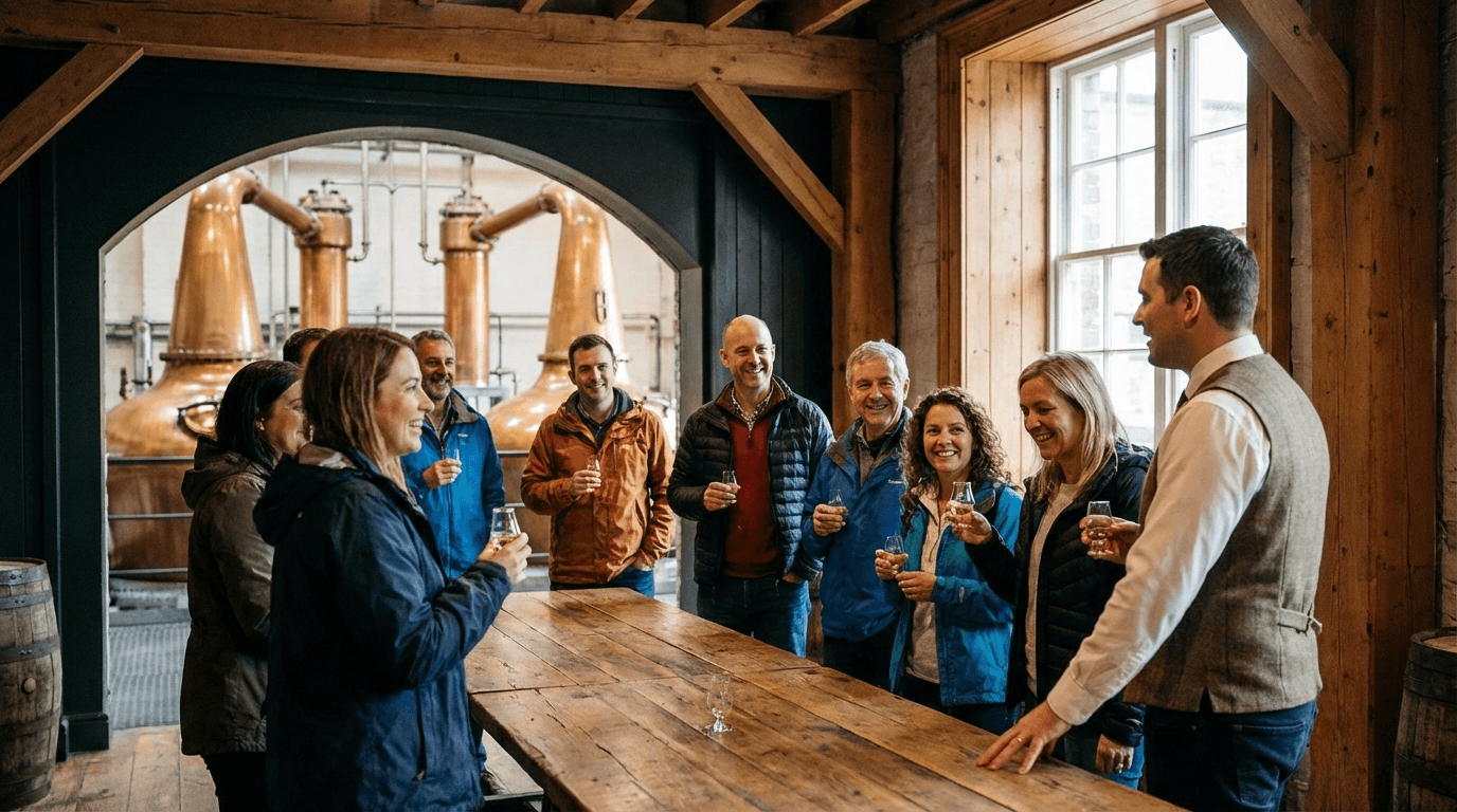 Tourists enjoying a guided whiskey tasting at Jameson Bow Street distillery in Dublin, warm wooden interior with copper stills visible in background