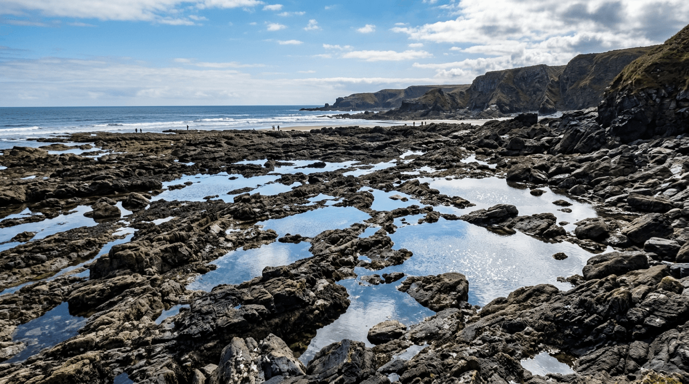 A low spring tide revealing numerous natural tidal swimming pools on the rocky Irish coast.