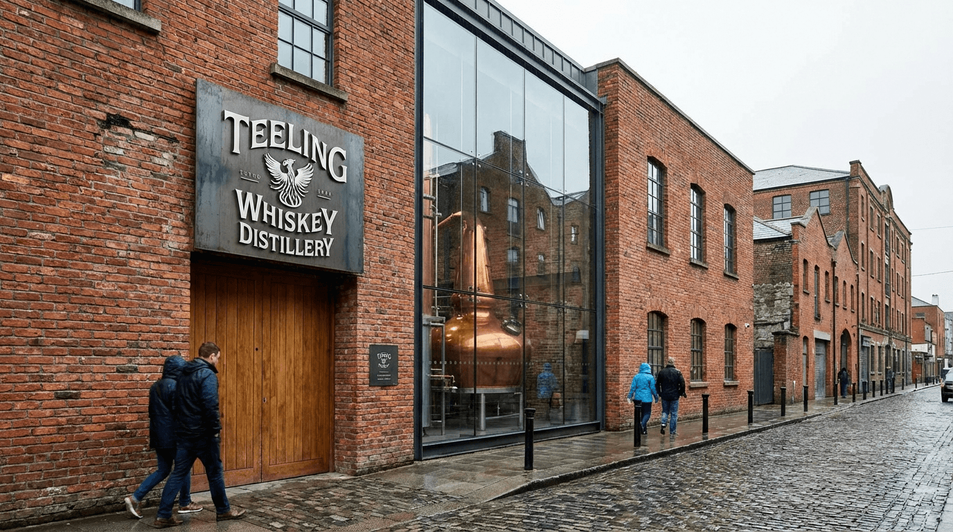 Exterior of Teeling Whiskey distillery in Dublin's Liberties with modern signage and copper still visible through windows, urban industrial setting