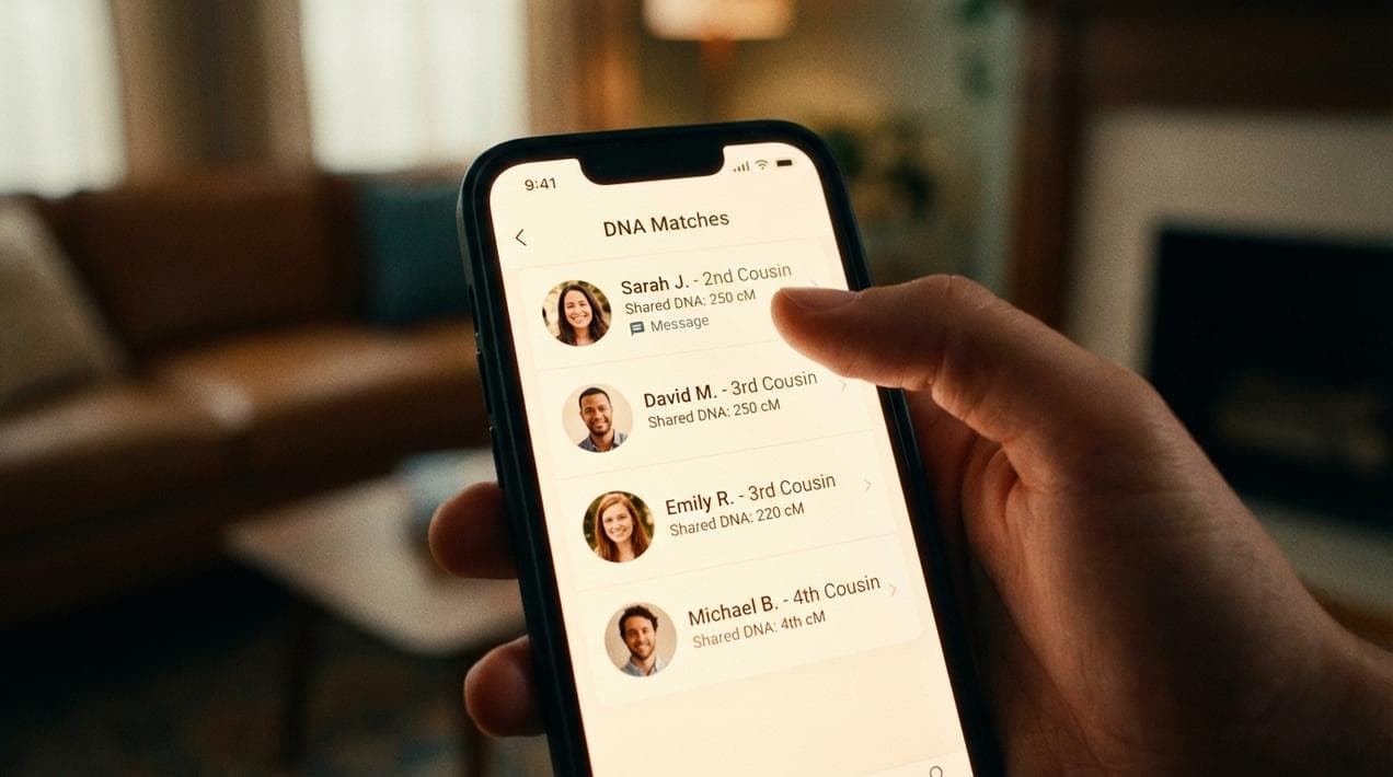 Reviewing DNA cousin matches on a genealogy app.
