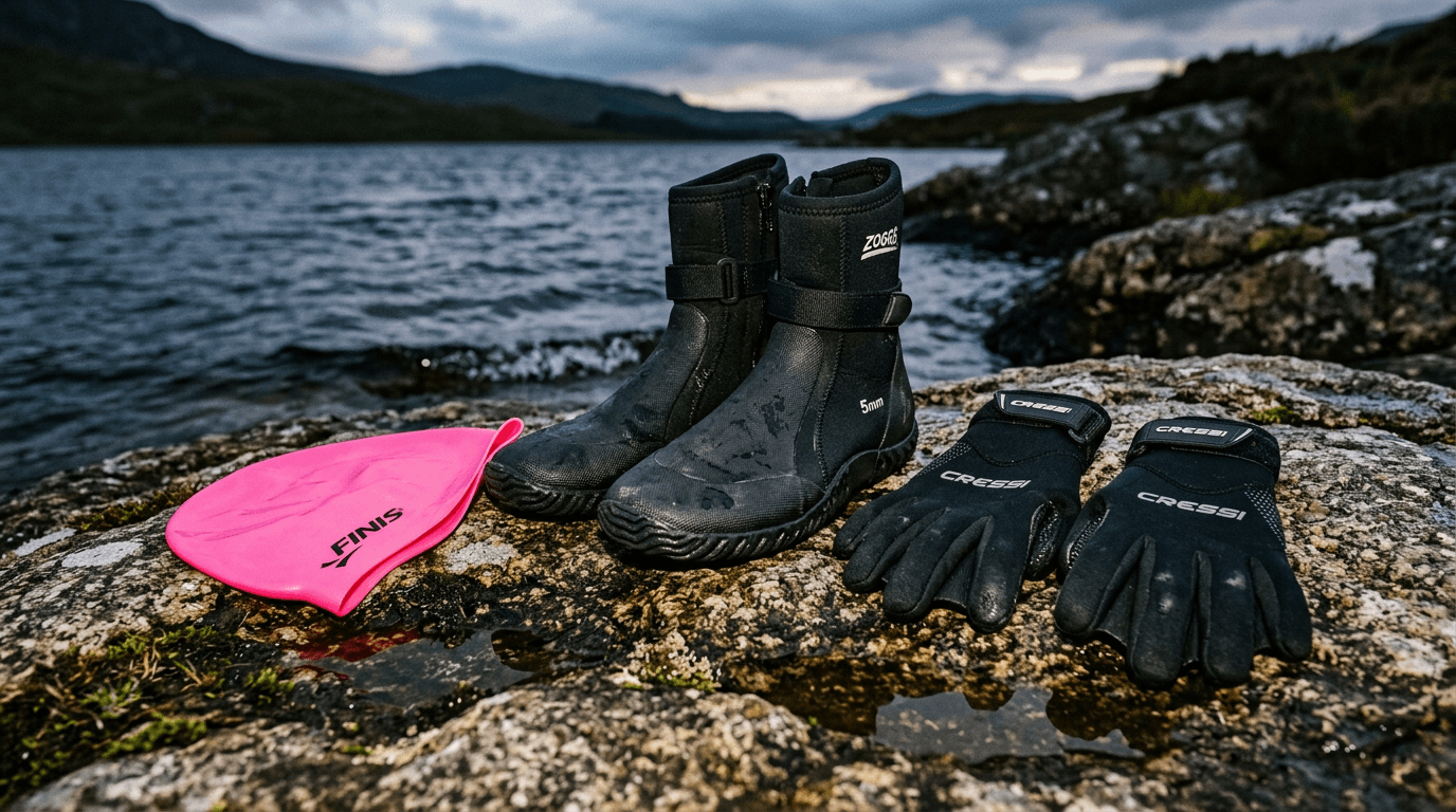 Essential neoprene booties, gloves, and a bright swim cap for wild swimming.