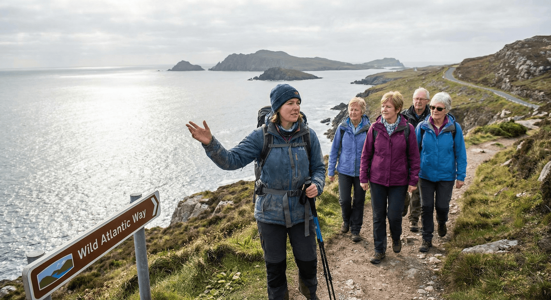 Female hiking guide leading small group along coastal path on Wild Atlantic Way