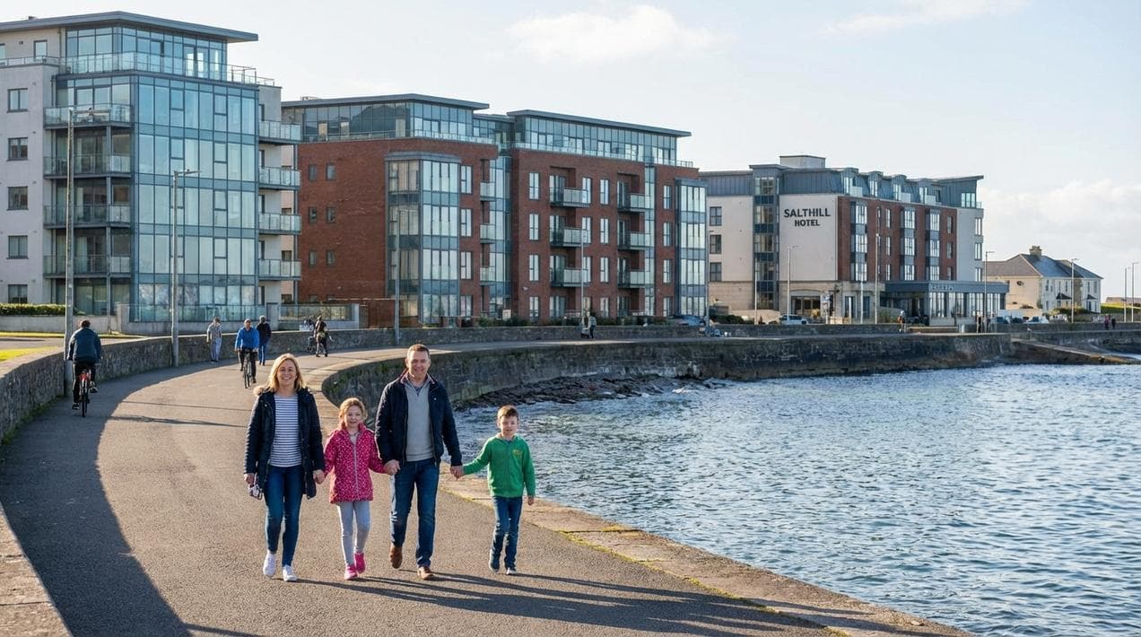 View of the Salthill Promenade in Galway, a popular location for family-friendly accommodation.