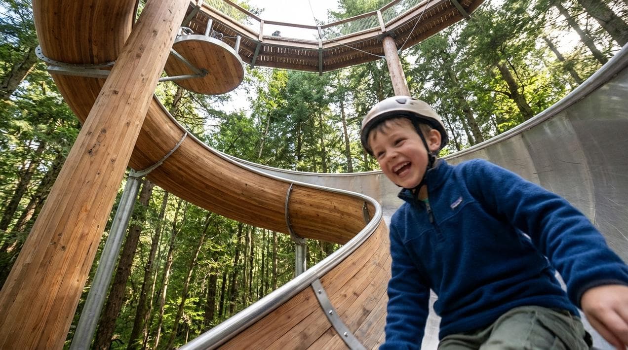 Child sliding down the spiral slide at Beyond the Trees Avondale forest park.