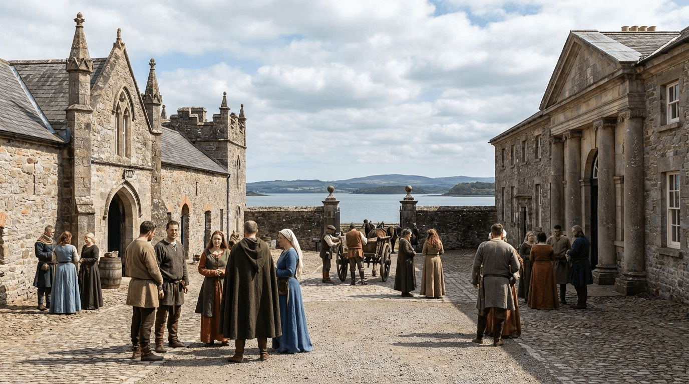 The historic stone farmyard at Castle Ward with distinctive architecture, people in medieval-style costumes, Strangford Lough visible in background