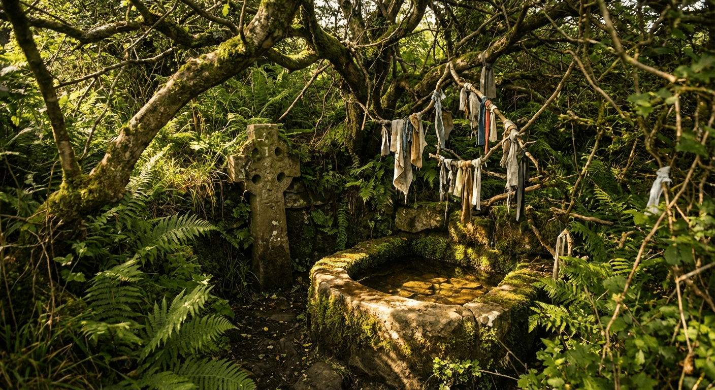 Ancient holy well in Irish hedgerow with cloth offerings