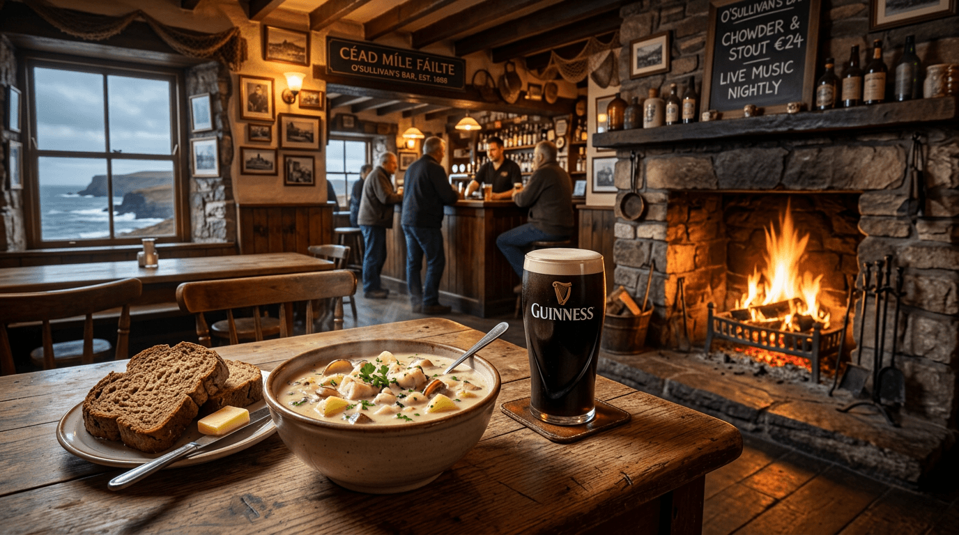 A warm bowl of traditional Irish seafood chowder, the perfect meal after a cold sea swim.