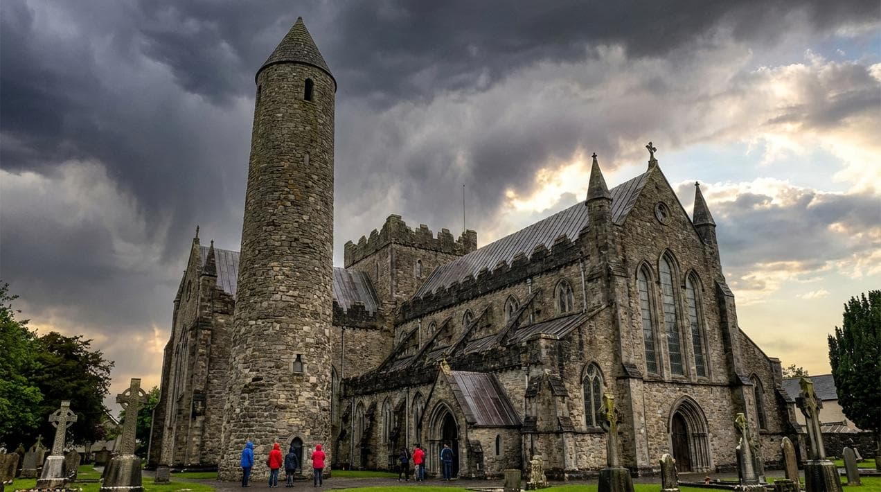 St Canice's Cathedral and ancient Round Tower in Kilkenny Ireland, one of only two climbable round towers in the country