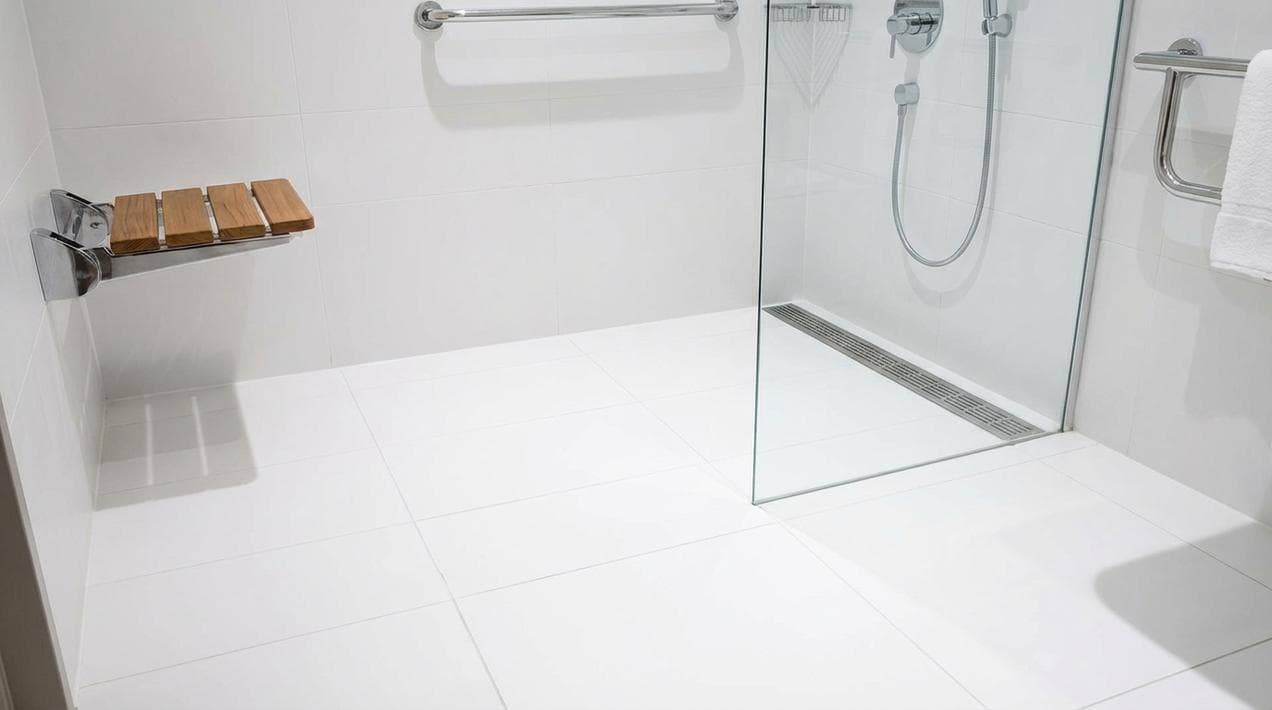 Roll-in shower in an accessible hotel room in Ireland.