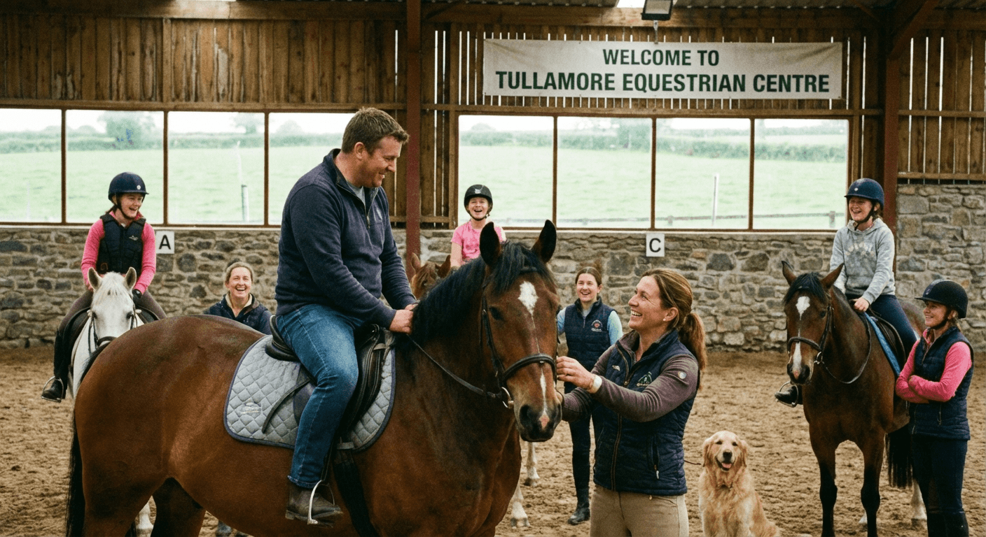 Group learning horseback riding basics at Irish equestrian center
