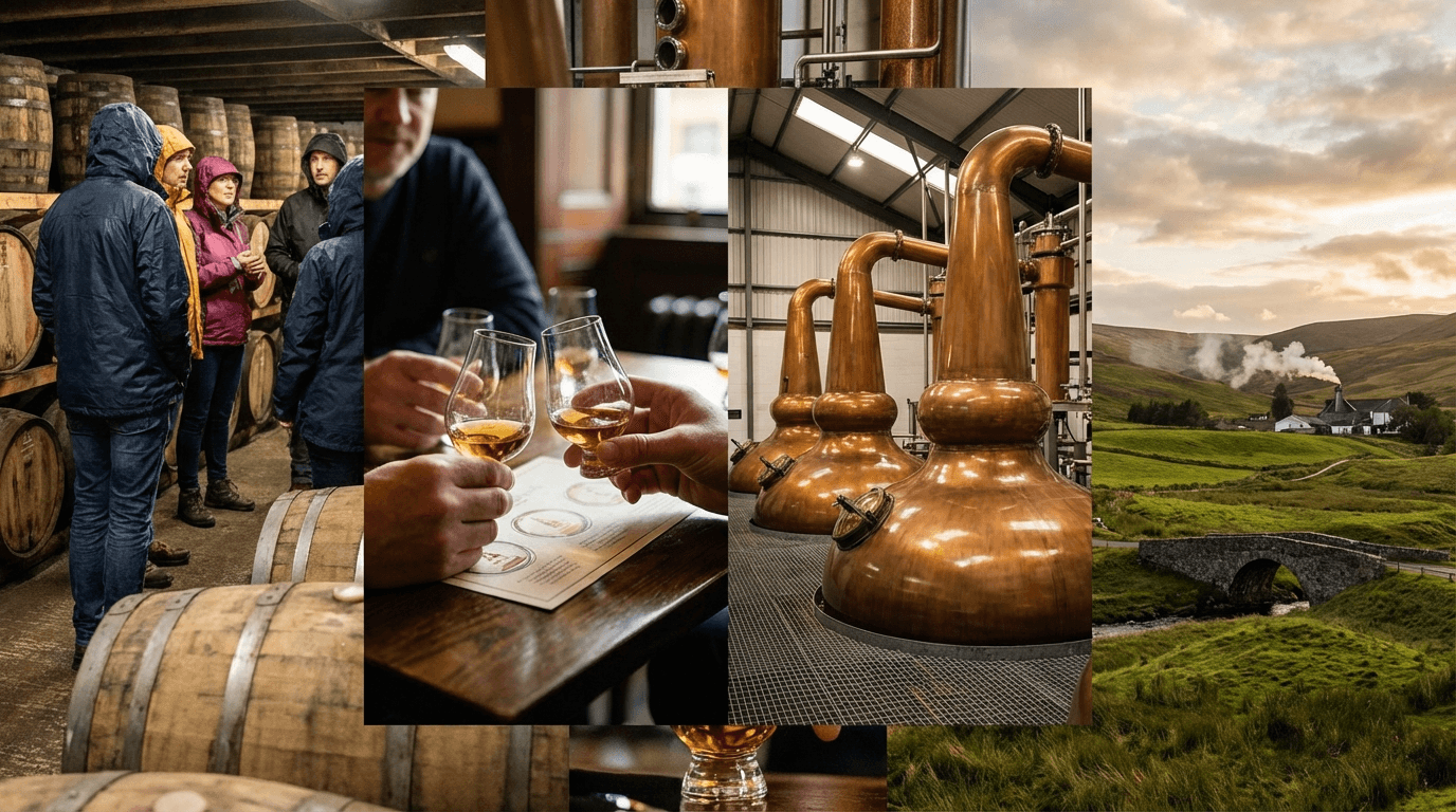Collage of Irish whiskey experiences including distillery tours, tastings, copper stills, and scenic Irish countryside