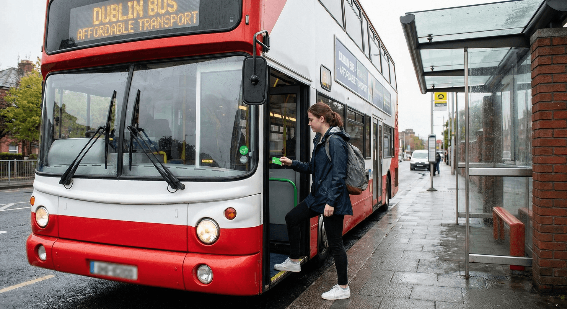 Solo traveler boarding public bus in Ireland with Leap Card, license plate blurred