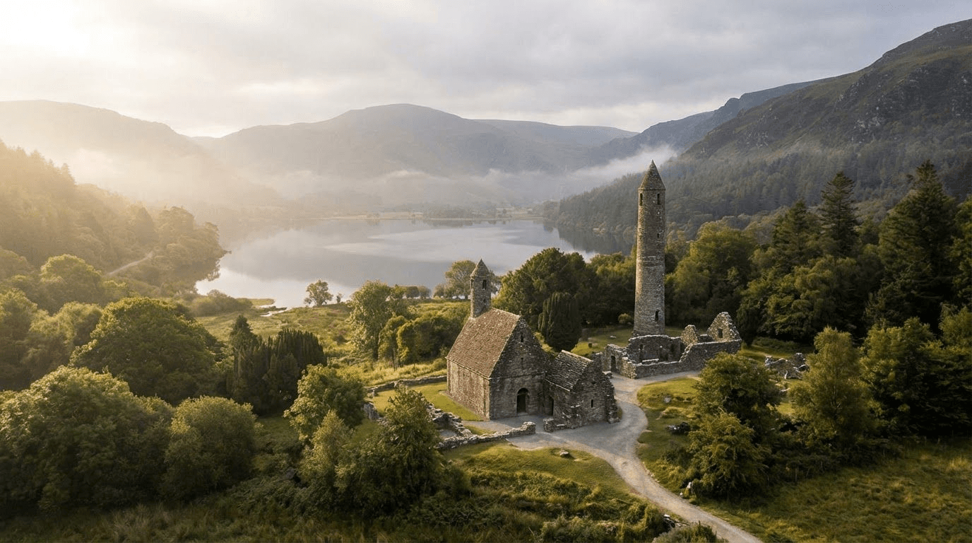Glendalough round tower and monastic ruins, ancient stone structures with lake and mountains in background