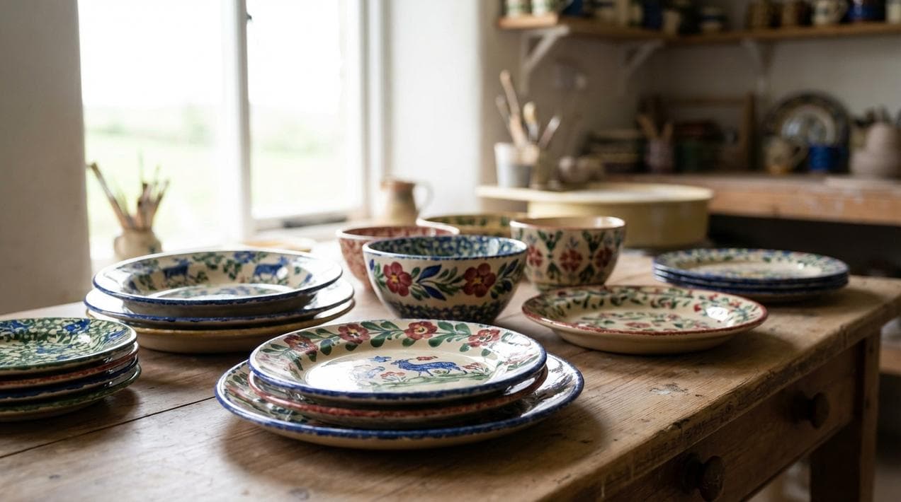 Hand-decorated Nicholas Mosse spongeware pottery from Bennettsbridge, Kilkenny, showing traditional Irish floral pattern