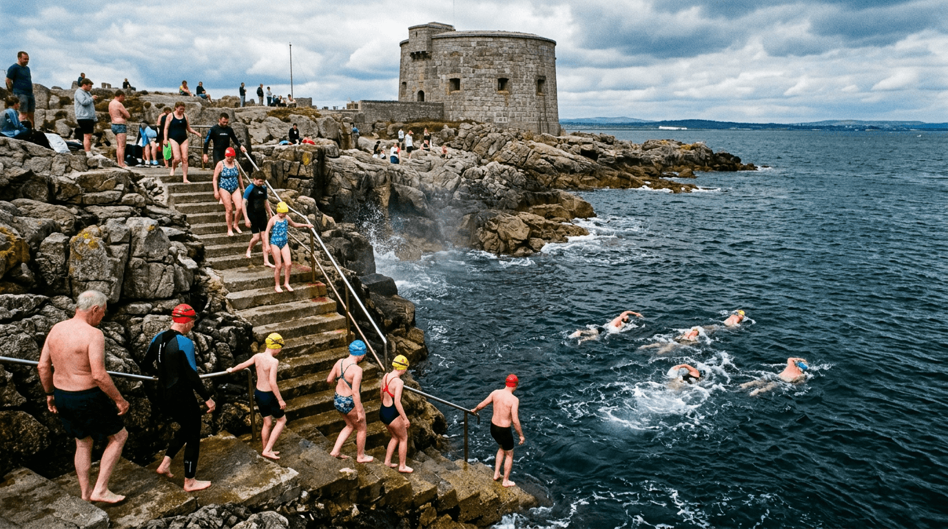 The bustling, historic Forty Foot bathing area in Sandycove, Dublin.