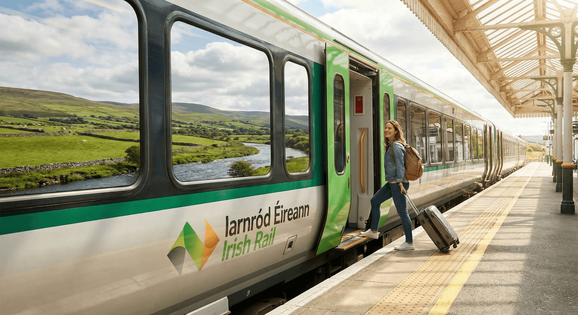 Modern Irish Rail train at station with female traveler boarding