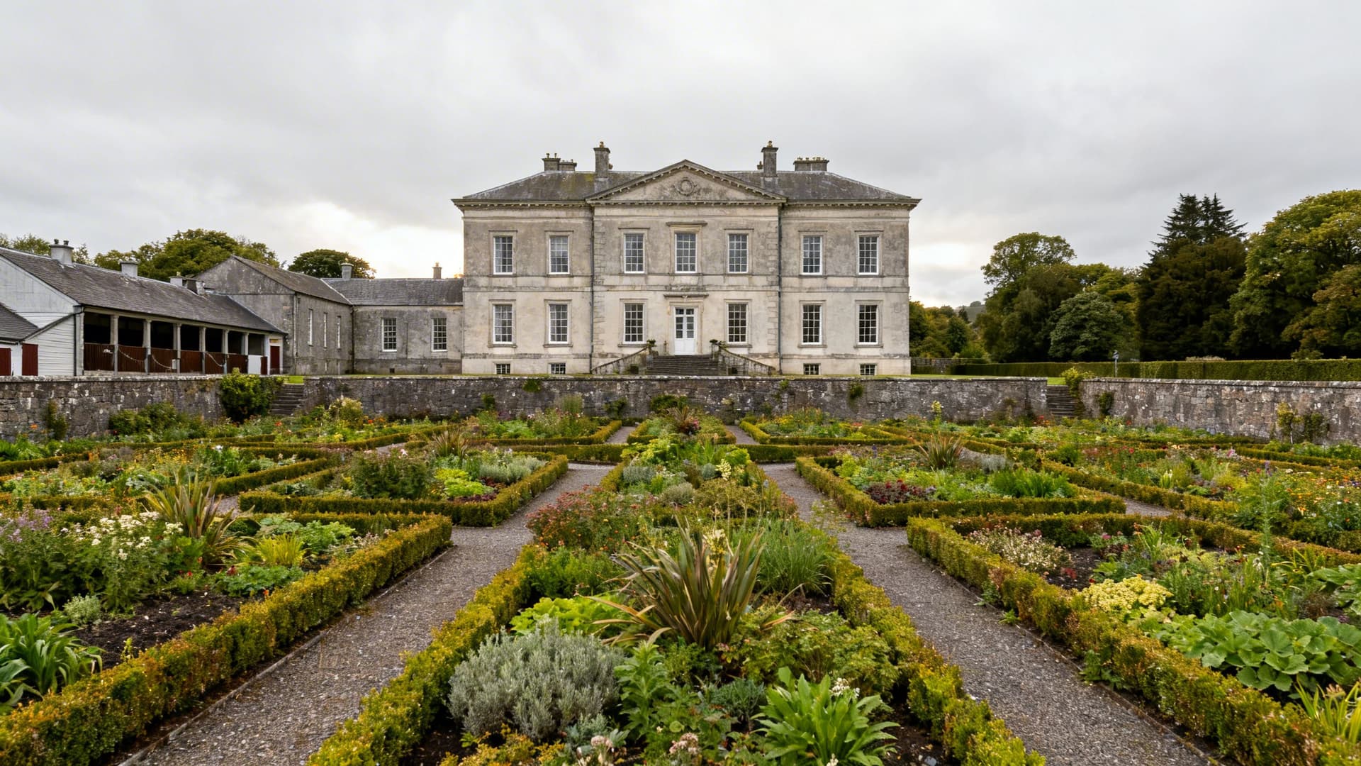 The Palladian facade of Strokestown Park House with its restored walled garden in County Roscommon