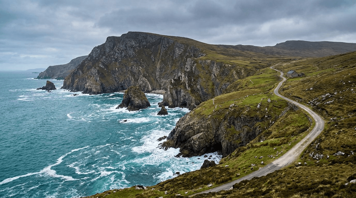 Achill Island coastline with dramatic cliffs and Atlantic Ocean, filming location for Banshees of Inisherin