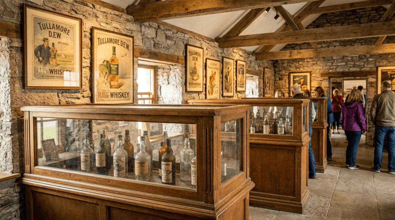 Interior of Tullamore D.E.W. Visitor Centre showing historical exhibits with old whiskey bottles and vintage advertising displays