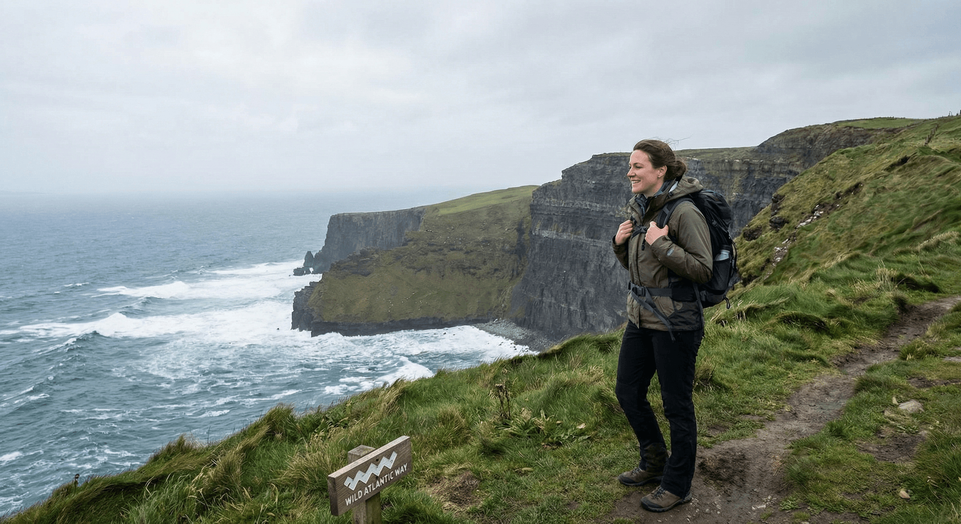 Solo hiker enjoying free coastal walk on Wild Atlantic Way