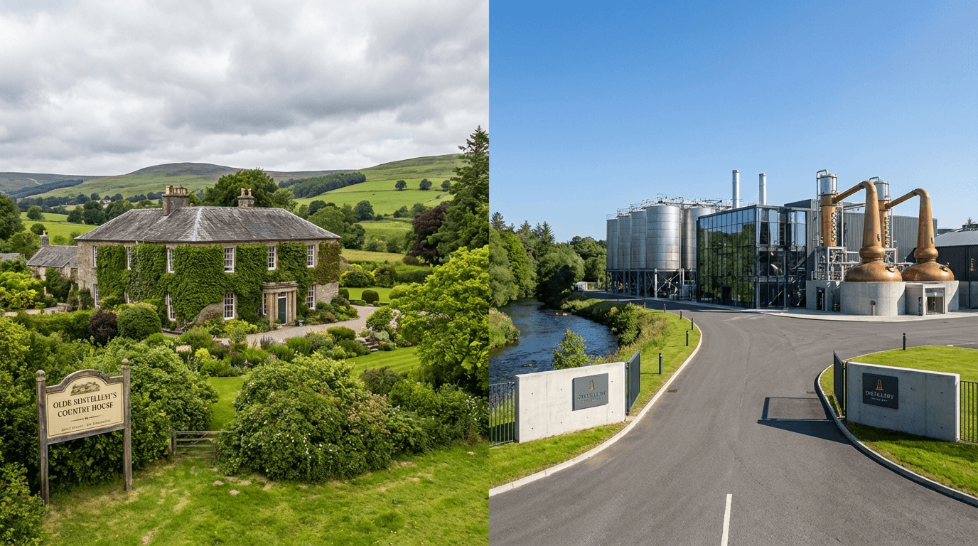Comparison showing Listoke's historic country house setting versus Drumshanbo's modern industrial distillery architecture