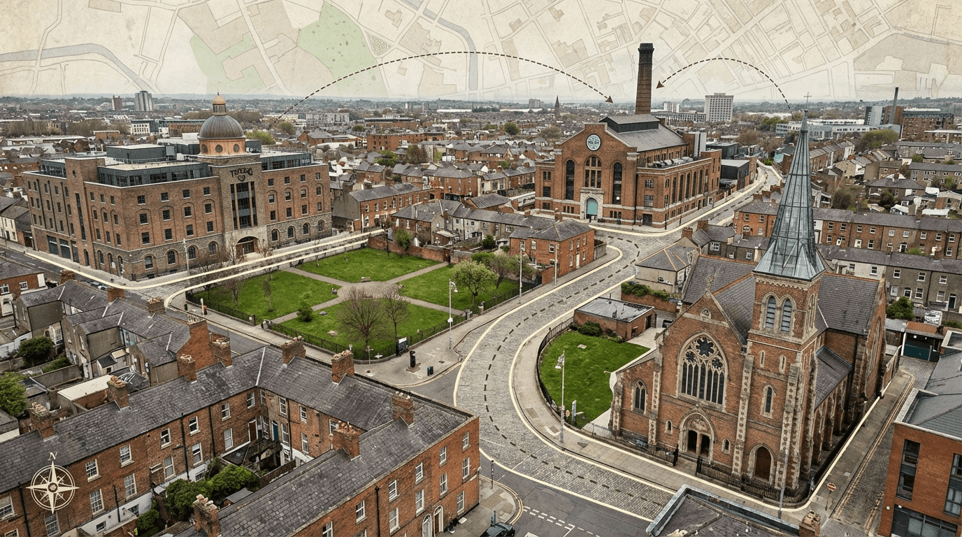 Map-style view showing locations of Teeling, Roe & Co, and Pearse Lyons distilleries in Dublin's Liberties neighborhood with walking route between them