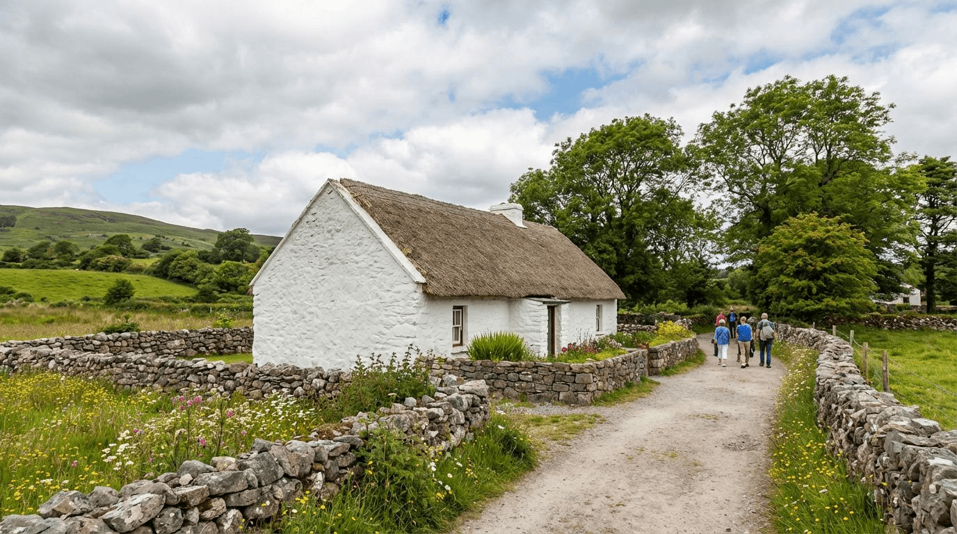 The Quiet Man Cottage Museum in Cong village, white cottage with thatched roof