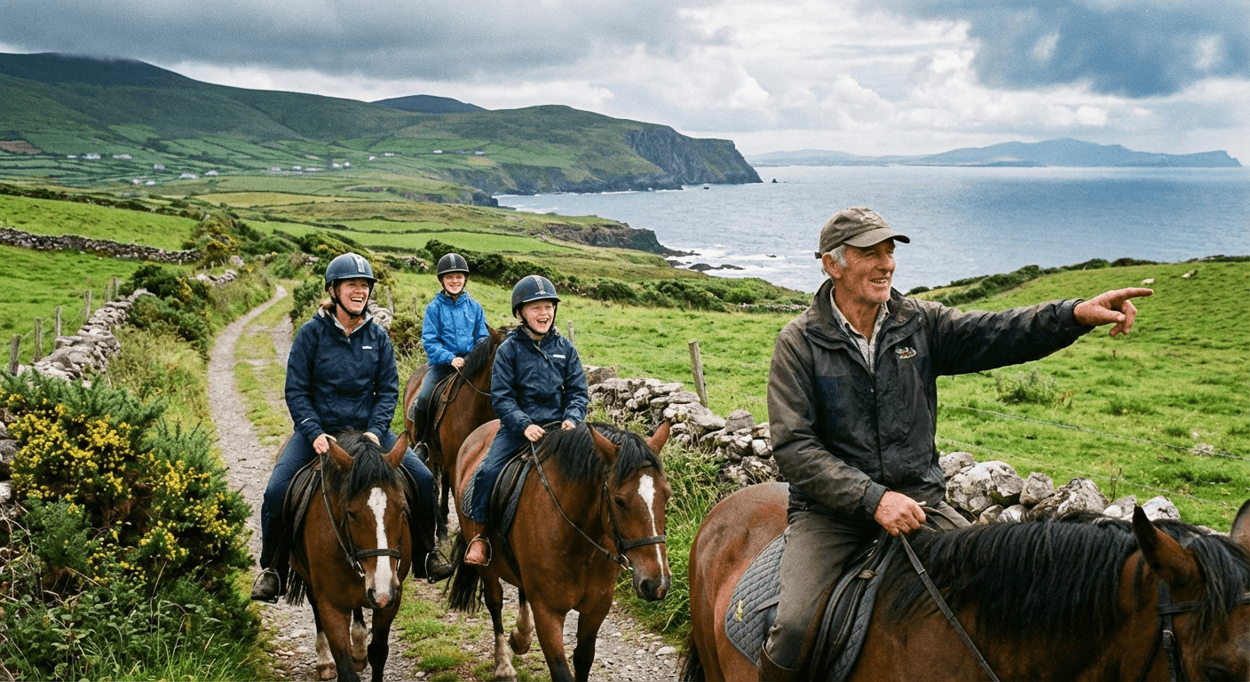 Family horseback riding together on Irish countryside trail