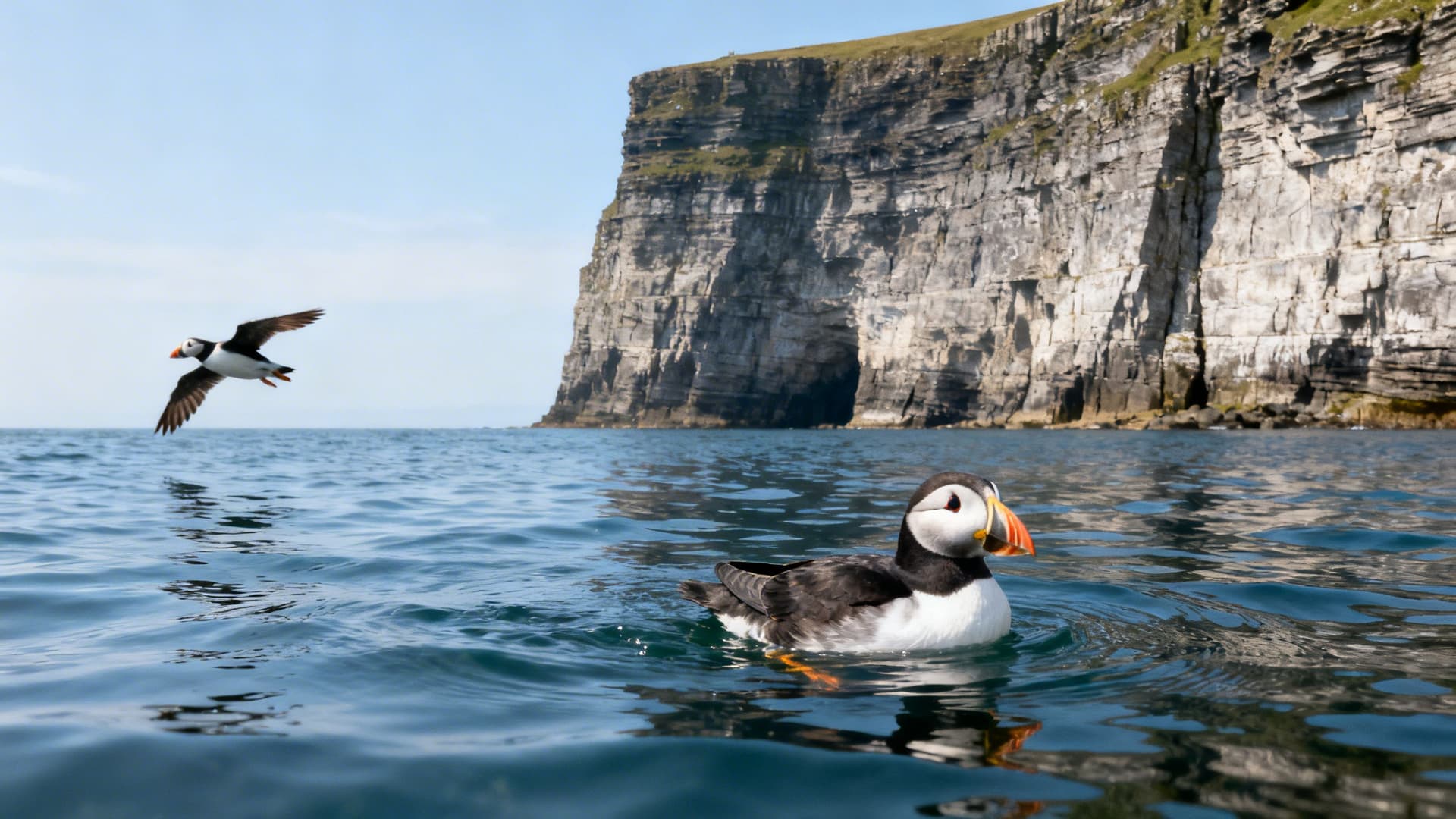 Atlantic puffin bobbing on the sea surface at eye level with a sea kayak beneath the Cliffs of Moher