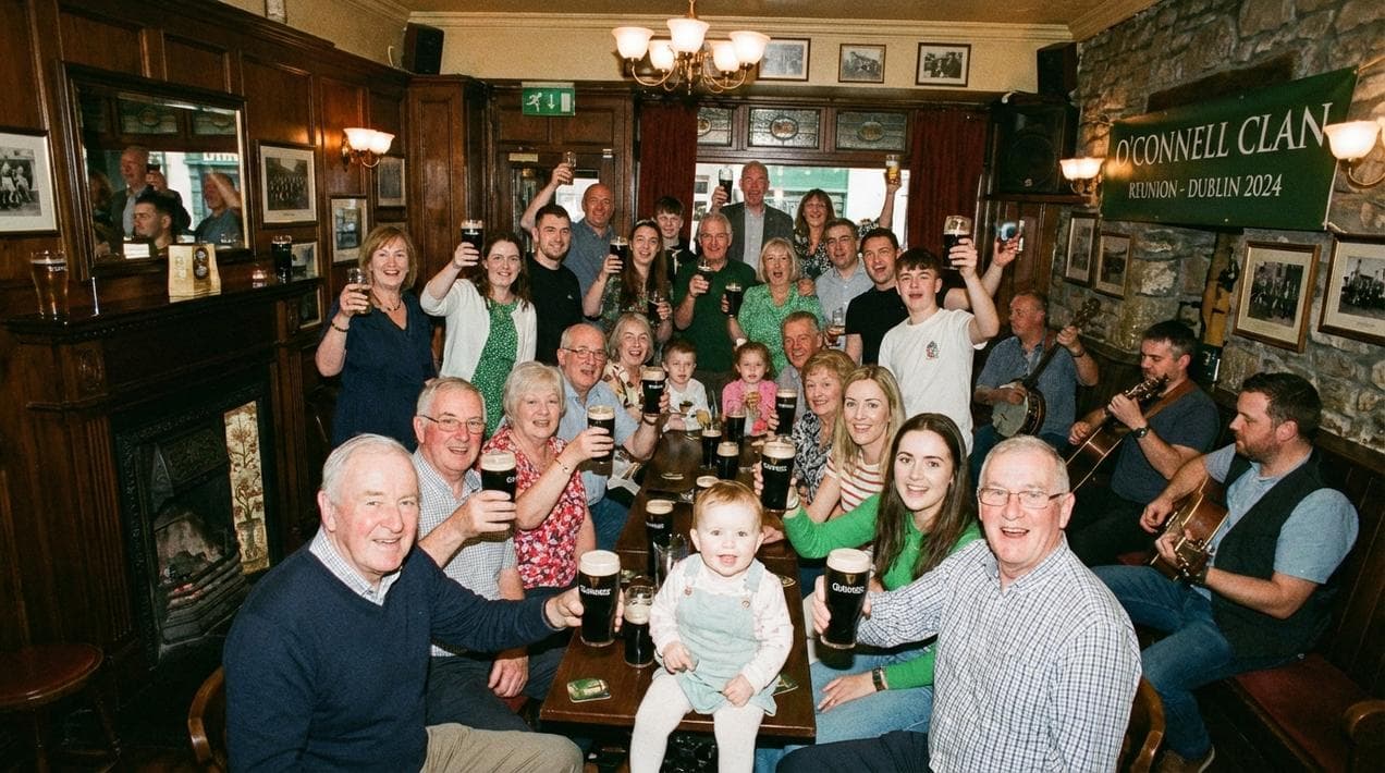 Celebrating a family reunion in an Irish pub.