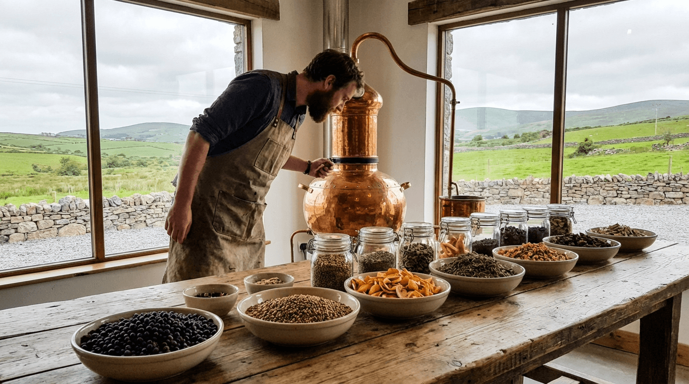 Person operating small copper gin still at Irish gin school with various botanicals and ingredients arranged on wooden table
