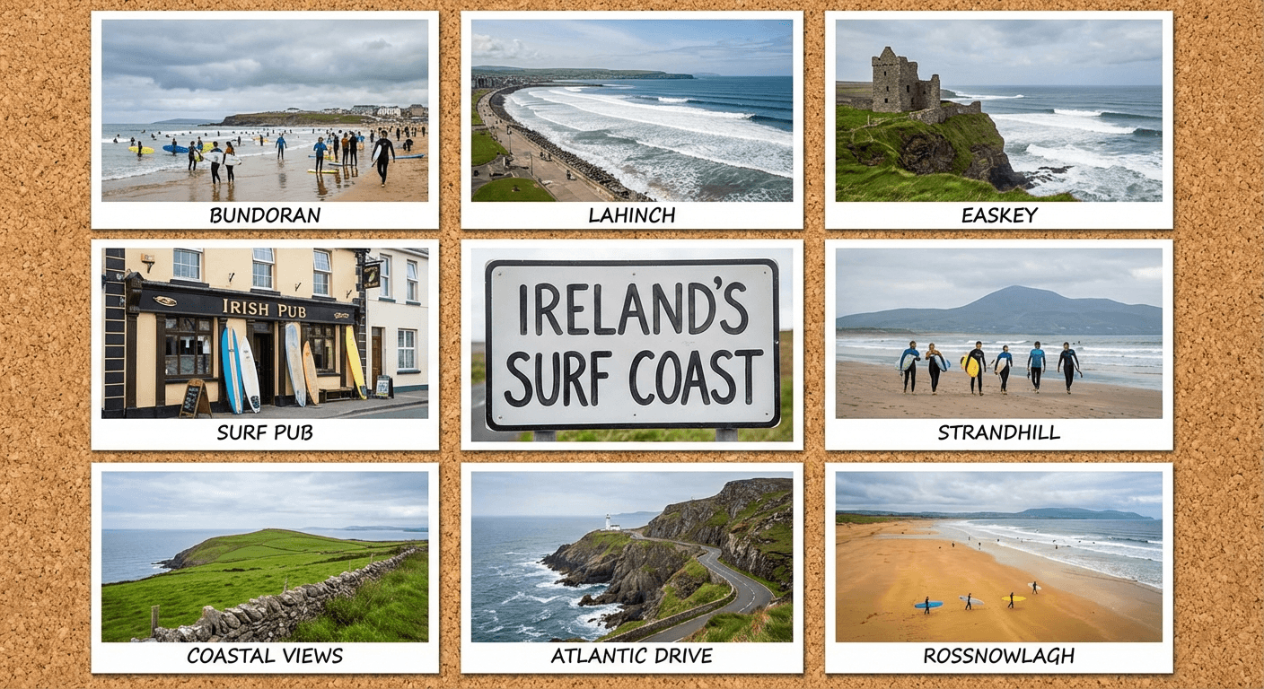 Collage of Ireland's top surf locations including Bundoran, Lahinch, Easkey, Strandhill and Rossnowlagh