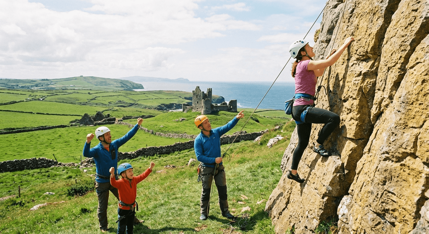 Family rock climbing together in Ireland with instructor